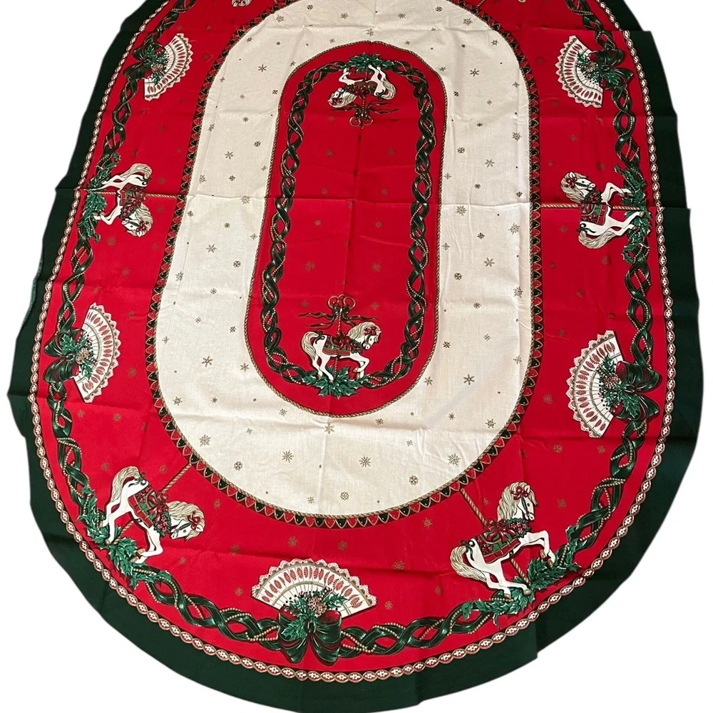 Vtg Christmas Tablecloth VICTORIAN TIDINGS Oval Carousel Horses Holly Fans+ READ